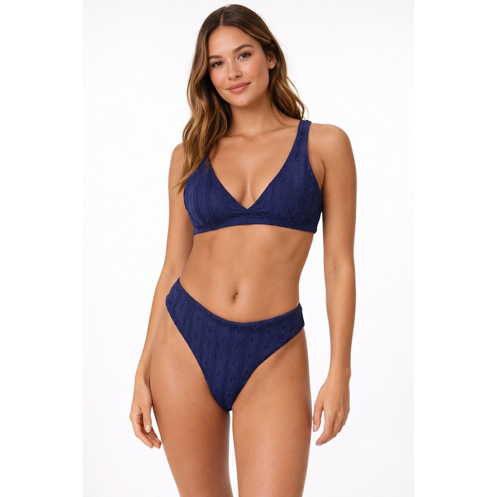 Andie Navy Blue Textured Bikini Set Floral Eyelet Bralette High Cut Size S